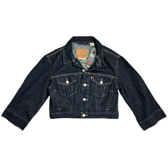 Levis Premium Jacket WMNS S Blue Denim Trucker Relaxed Cropped Jean Flap Pockets - Picture 2 of 13